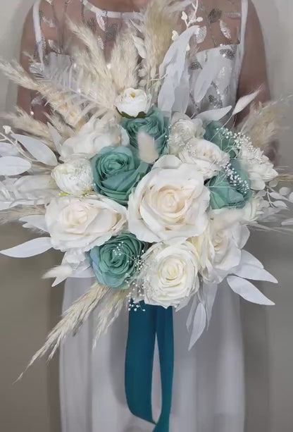 Wedding Teal Bouquet White Boho Bridal Ivory Wedding Teal Bouquet Blue Pampas Grass White Decor Bunny Tails Artificial Flower