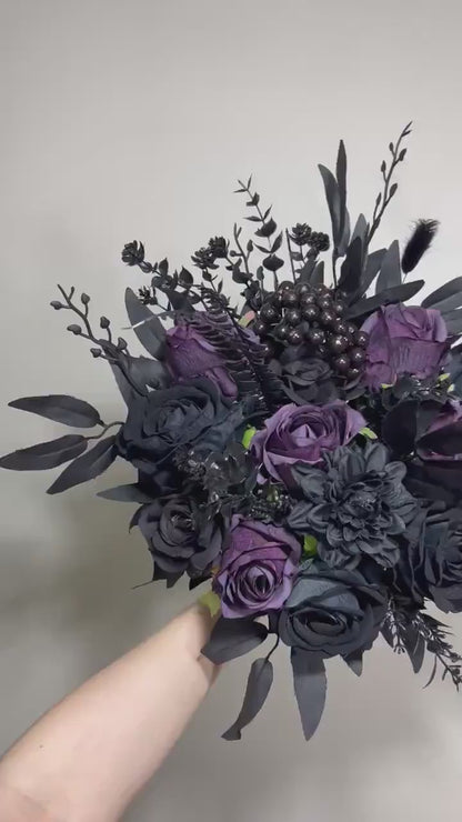 Black Bouquet Wedding Dark Purple Bridal Wedding Gothic Bouquet Black Decor Purple Black Bridesmaids Bouquet Plum Artificial Flower