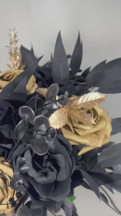 Black Bouquet Wedding Bridal Black Bouquet Gold Bridesmaids Gothic Bouquet Halloween Black Gold Wedding Artificial Flower