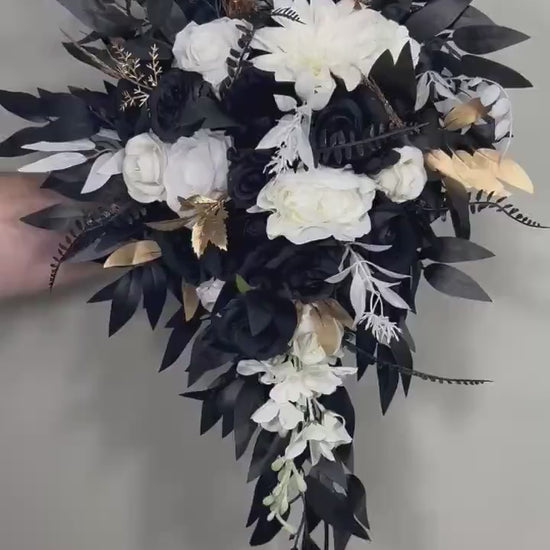 Black White Bouquet Wedding Bridal Gothic Bouquet Cascade Black Gold White Bridesmaids Cascading Bouquet Halloween Artificial Flowers