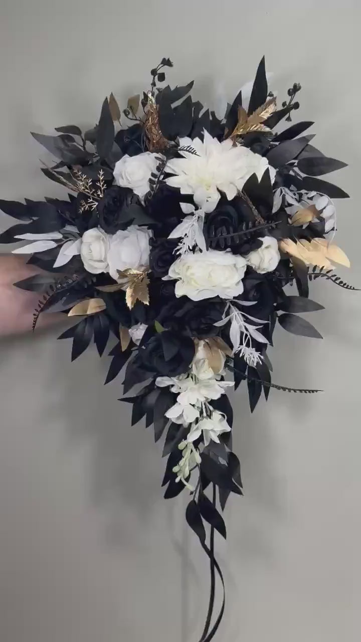 Black White Bouquet Wedding Bridal Gothic Bouquet Cascade Black Gold White Bridesmaids Cascading Bouquet Halloween Artificial Flowers