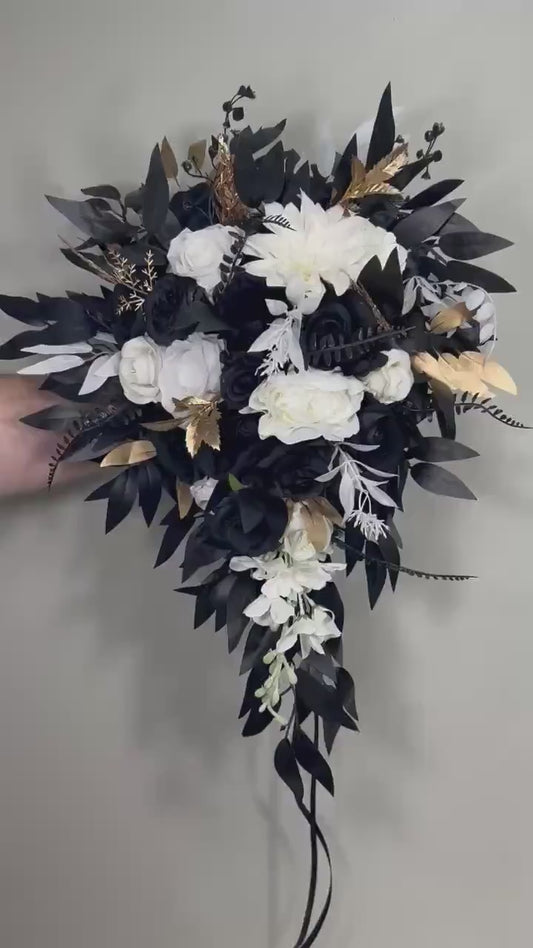 Black White Bouquet Wedding Bridal Gothic Bouquet Cascade Black Gold White Bridesmaids Cascading Bouquet Halloween Artificial Flowers