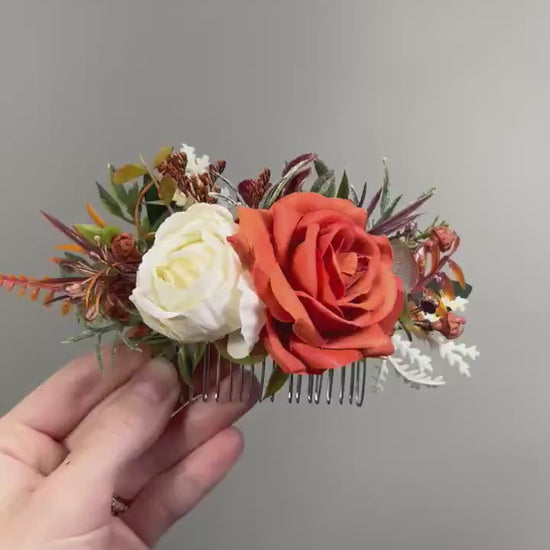 Terracotta Ivory Hair Comb, Wedding Fall  Decorative Comb, Burnt Orange Cream Hair Accessories, Bridal Rust Off White Hair Comb, Artificial