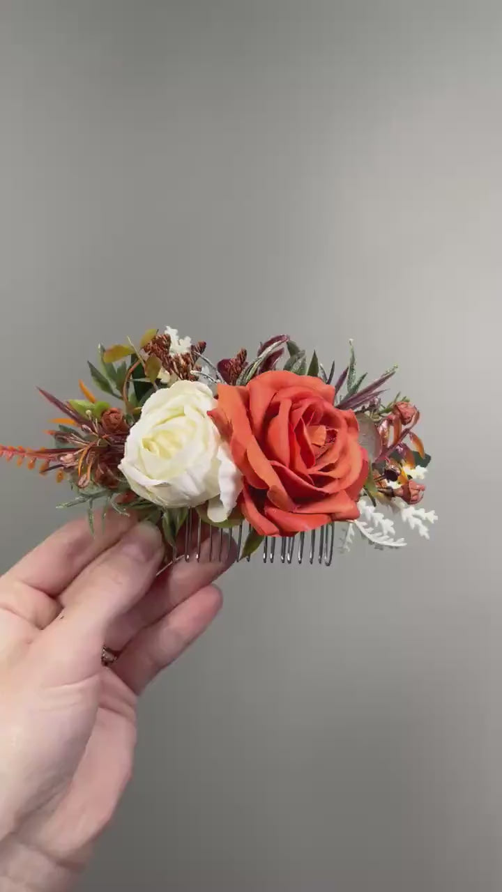 Terracotta Ivory Hair Comb, Wedding Fall  Decorative Comb, Burnt Orange Cream Hair Accessories, Bridal Rust Off White Hair Comb, Artificial