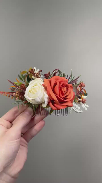 Terracotta Ivory Hair Comb, Wedding Fall  Decorative Comb, Burnt Orange Cream Hair Accessories, Bridal Rust Off White Hair Comb, Artificial