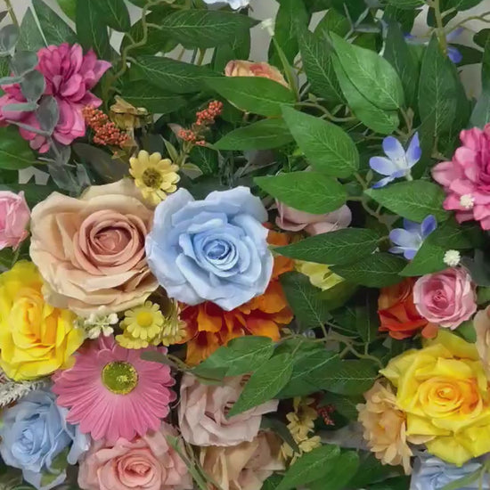 Wedding Aisle Marker Flower Floor Arrangement Whiskey Barrel Décor Wild Flowers Pink Blue Ground Arch Wildflowers Colorful Orange