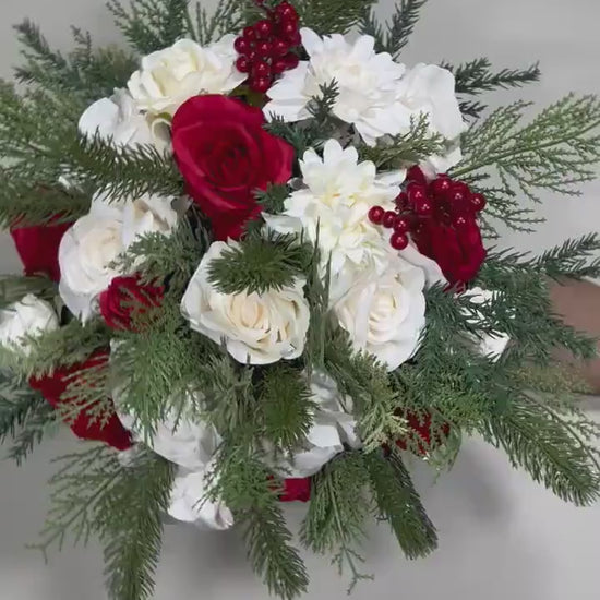 Wedding Christmas Bouquet Bridal White Rustic Bridesmaids Bouquet Red Winter Christmas Tree Pine Red Berries Artificial Flowers Winter