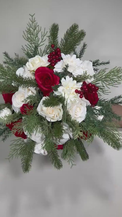 Wedding Christmas Bouquet Bridal White Rustic Bridesmaids Bouquet Red Winter Christmas Tree Pine Red Berries Artificial Flowers Winter