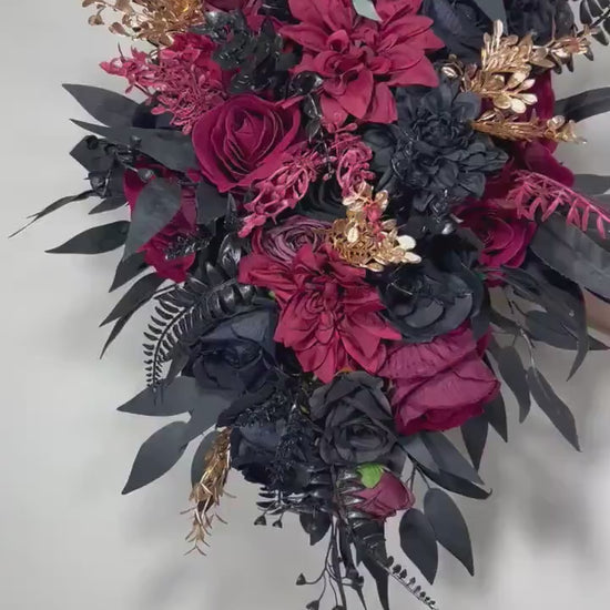 Black Bouquet Cascade Burgundy Bridal Gothic Halloween Cascading Bouquet Black Decor Burgundy Gold Artificial Flower Bridesmaids Black