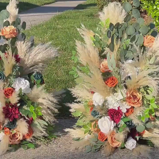 Wedding Aisle Marker Flower Floor Arrangement Whiskey Barrel Orange Décor Teal Boho Terracotta Burgundy White Ground Arch Pampas Grass