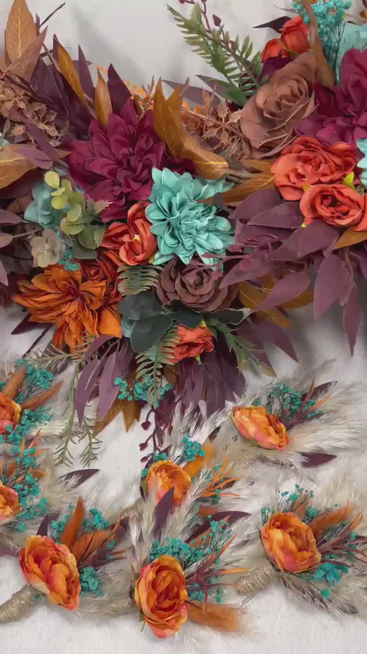 Turquoise Burgundy Bouquet Wedding Bridal Terracotta Burnt Orange Maroon Bridesmaids Bouquet Teal Blue Rust Eucalyptus Pampas Grass