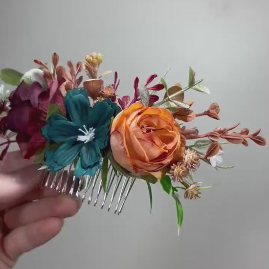 Flower Comb Wedding Dark Teal Head Piece Hair Comb Teal Burgundy Bridal Wedding Burnt Orange Teal Hair Accessories Hair Comb