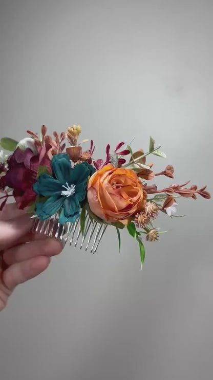 Flower Comb Wedding Dark Teal Head Piece Hair Comb Teal Burgundy Bridal Wedding Burnt Orange Teal Hair Accessories Hair Comb