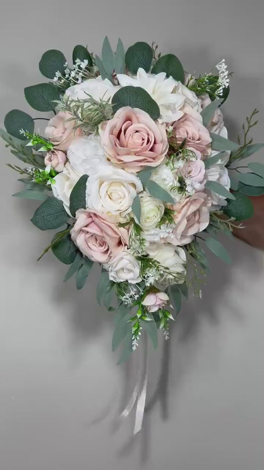 White Cascade Bouquet Bridal Ivory Bouquet Cascading Blush Bouquet Greenery Pink Bridesmaids White Bouquet Sage Artificial Flowers