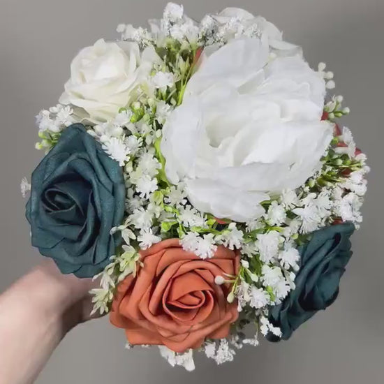 Burnt Orange Bouquet Wedding Dark Teal Bridesmaids Bouquet Terracotta White Bouquet Rust Dark Teal Bouquet Baby Breath Artificial Flower