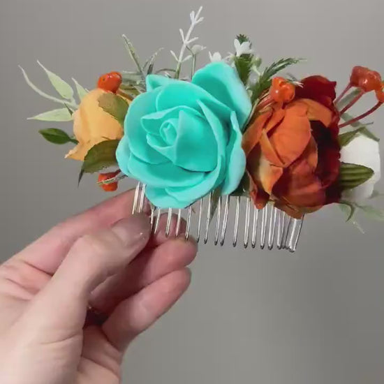 Flower Comb Wedding Teal Head Piece Hair Comb Orange Bridal Wedding Rust Turquoise Hair Accessories Hair Comb Aqua Artificial Flower