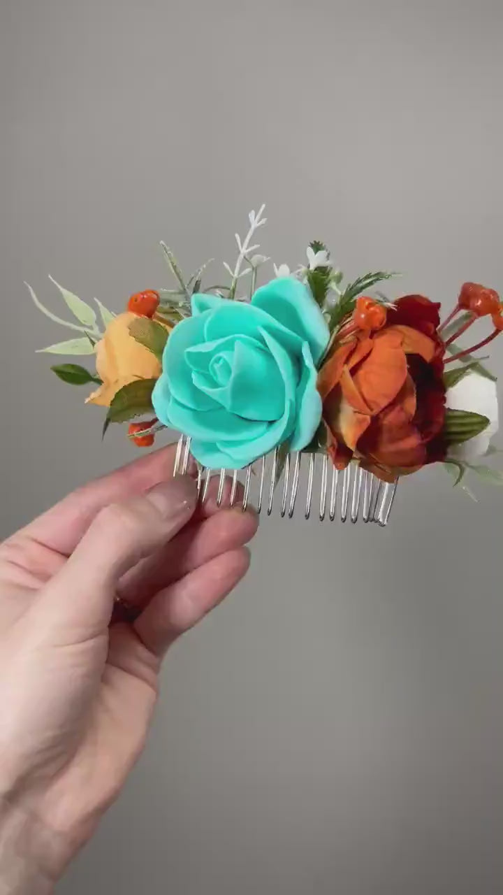 Flower Comb Wedding Teal Head Piece Hair Comb Orange Bridal Wedding Rust Turquoise Hair Accessories Hair Comb Aqua Artificial Flower