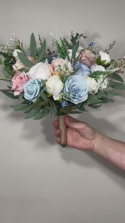 Wedding Bouquet Dusty Blue Bridal Rustic Wedding White Bouquet Wild Flower Dusty Rose Light Blue Sky Eucalyptus Flower Ivory Pink Blue