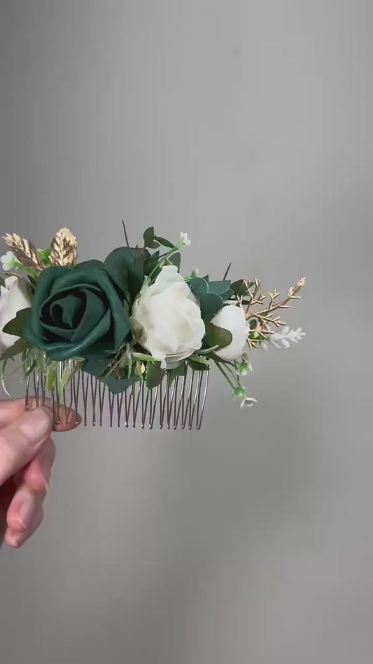 Emerald Green Hair Comb Wedding Forest Green Gold Accessories Hair Comb Ivory Emerald Green Headpiece Floral Hair Comb Artiticial Flower