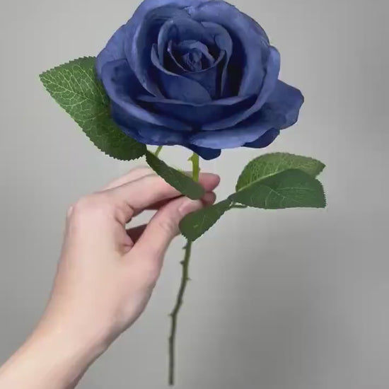 Navy Blue Roses Artificial Flower Heads with Stem Leaves Wedding Roses for Bouquet DIY Royal Blue Flowers Heads Silk Roses Dark Blue