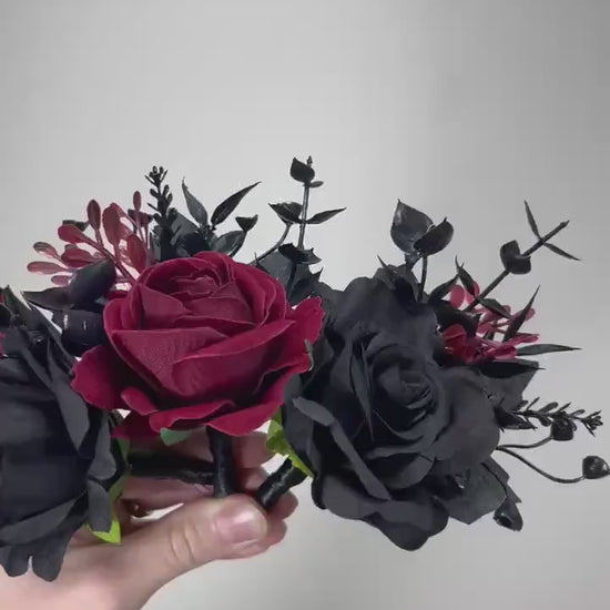 Black Burgundy Boutonniere Wedding Groom Black Boutonniere Gothic Burgundy Groomsmen Boutonnière Black Prom Wine Red Artificial Flowers