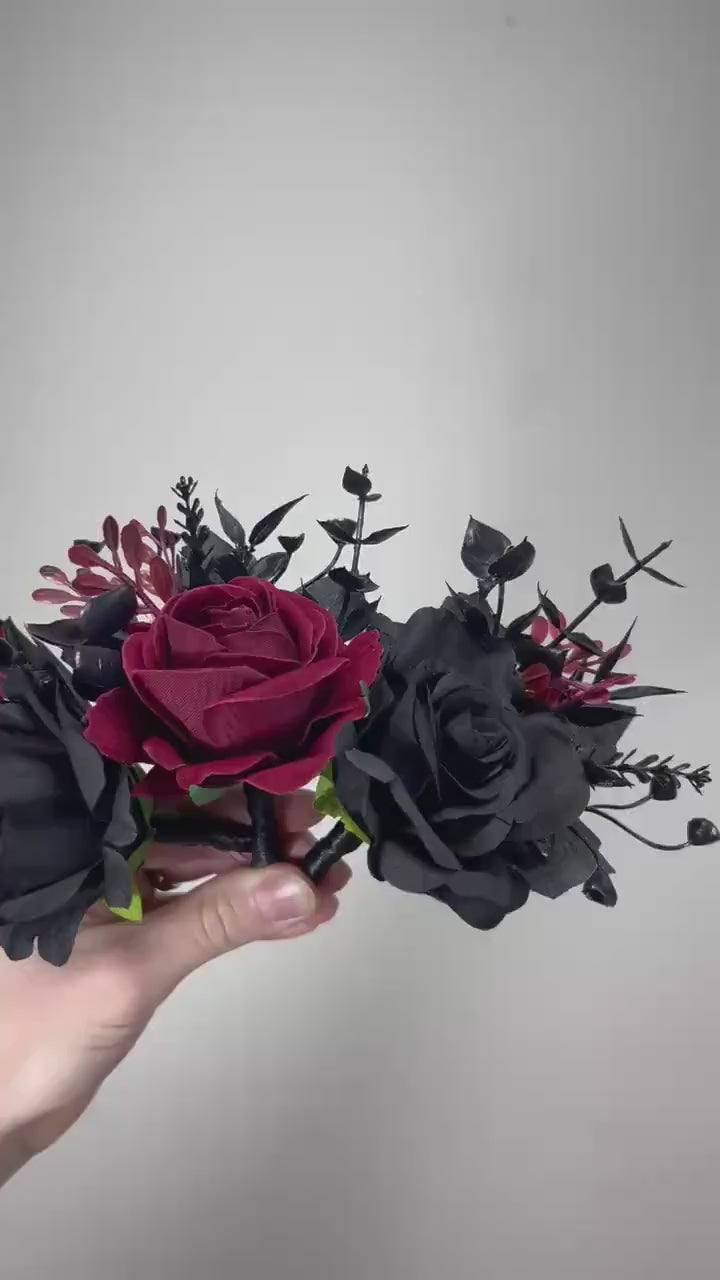 Black Burgundy Boutonniere Wedding Groom Black Boutonniere Gothic Burgundy Groomsmen Boutonnière Black Prom Wine Red Artificial Flowers
