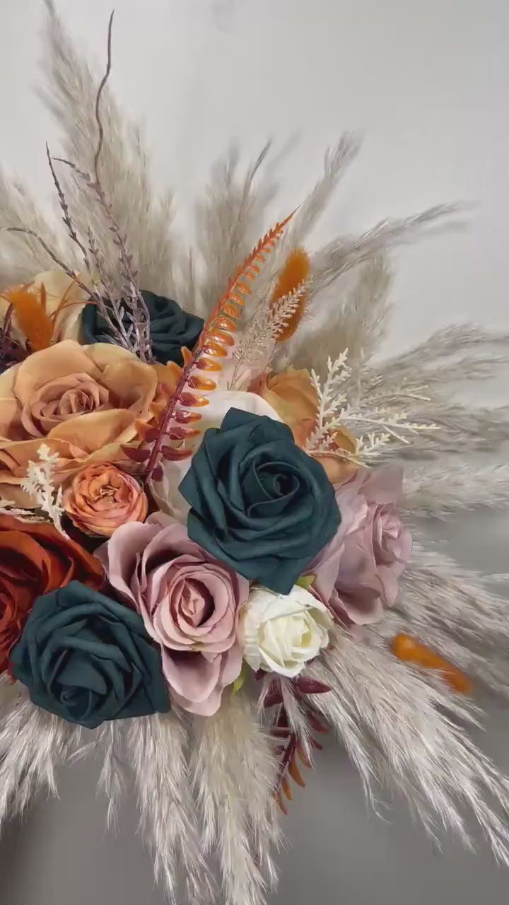 Dark Teal Bouquet Bridal Rust Bouquet Terracotta Dusty Rose Bridesmaids Bouquet Burnt Orange Dark Teal Pampas Grass