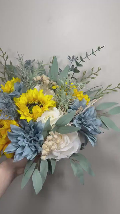 Sunflower Bouquet Bridal White Sunflower Bouquet Dusty Blue Sunflower Bridesmaids Bouquet Blue Sunflower Artificial Flowers