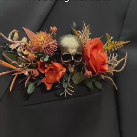 Black Burgundy Skull Pocket Boutonniere, Gothic Floral Wedding Square Boutonniere, Groomsmen Silver Skull Halloween Boutonnière