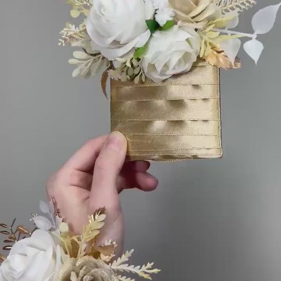 White Gold Pocket Boutonniere Groom Wedding Beige Champagne Ivory Square Boutonnière Prom Groomsmen Cream Roses Artiticial Flower