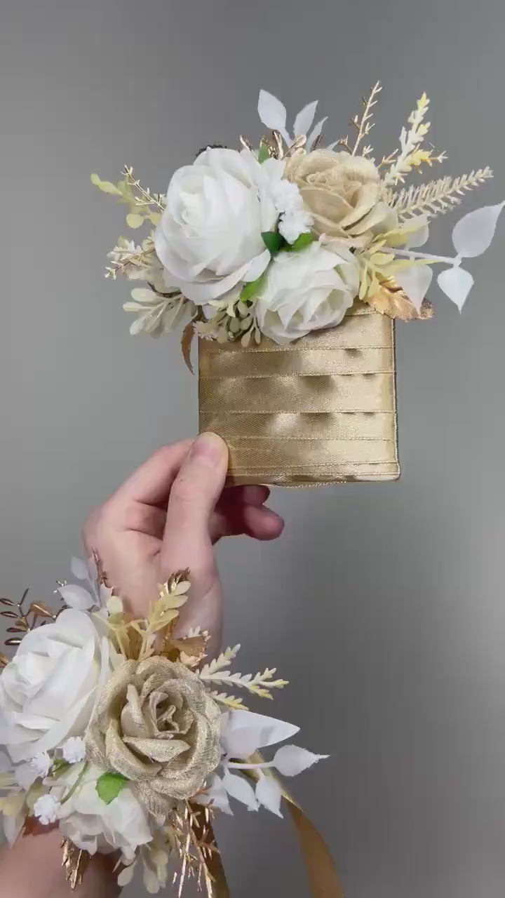 White Gold Pocket Boutonniere Groom Wedding Beige Champagne Ivory Square Boutonnière Prom Groomsmen Cream Roses Artiticial Flower