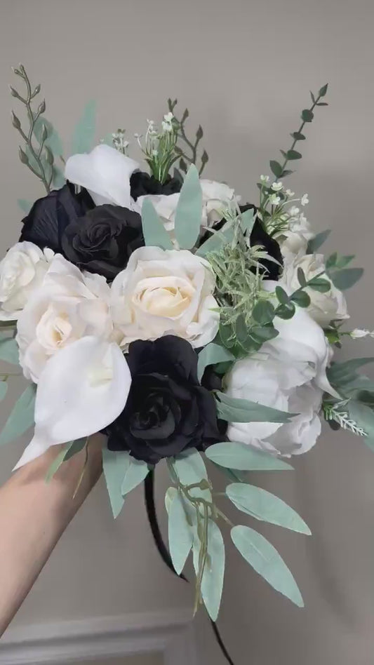 White Black Bouquet Bridal Calla Lily Bouquet White and Black Bouquet Ivory Sage Calla Lily Bridesmaids Bouquet Artificial Flowers