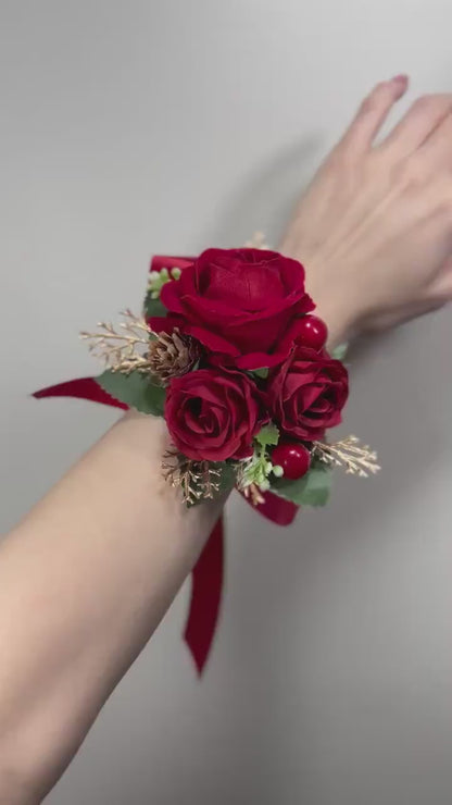 Wedding Christmas Corsage Red Gold Wedding Wrist Corsage Red Bridesmaids Burgundy Corsage Pine Cone Winter Artificial Flowers