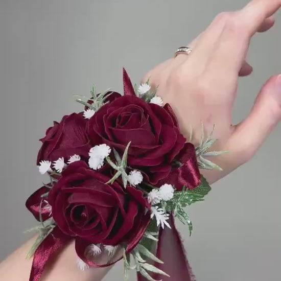 Burgundy Corsage Wedding Wrist Corsage Maroon Mom Corsage Wine Red Baby Breath  Bridesmaids Corsage Prom Burgundy Artificial Flower