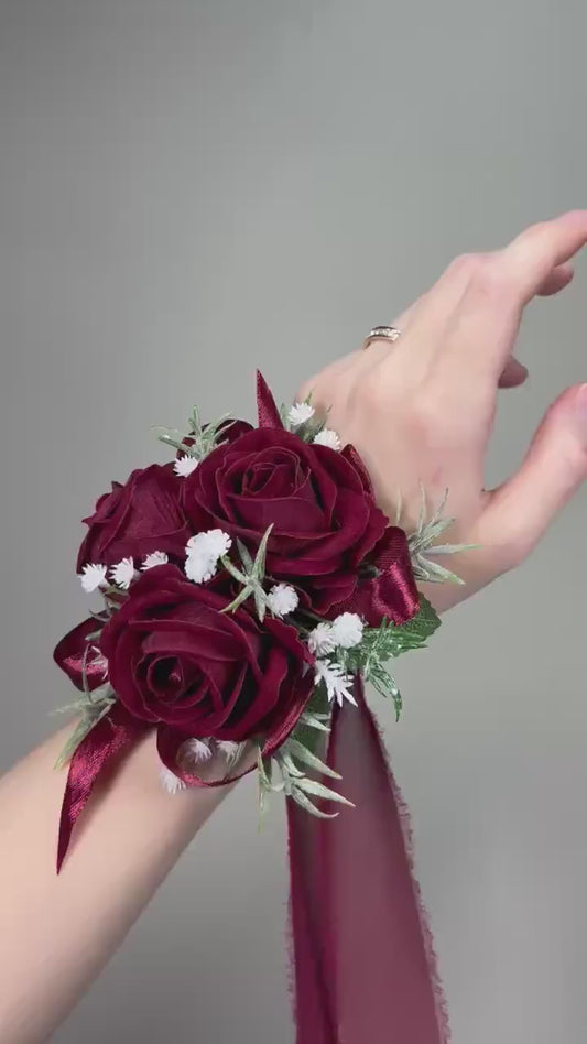 Burgundy Corsage Wedding Wrist Corsage Maroon Mom Corsage Wine Red Baby Breath  Bridesmaids Corsage Prom Burgundy Artificial Flower