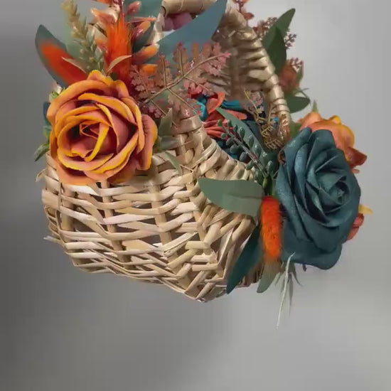 Flower Girl Basket Wedding Dark Teal Orange Burnt Fall Ceremony Artificial Flower Terracotta Teal Blue Rustic Flower Girl Basket for Petals
