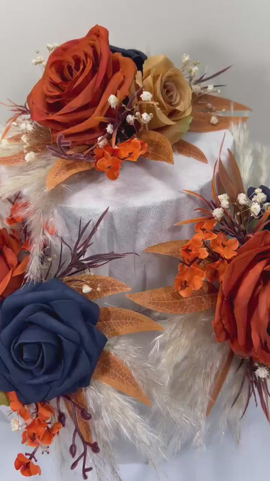 Rust Navy Blue Cake Decor Wedding Terracotta Navy Blue Cake Topper Boho Dark Blue Burnt Orange Cake Decoration Flower   Artificial Topper