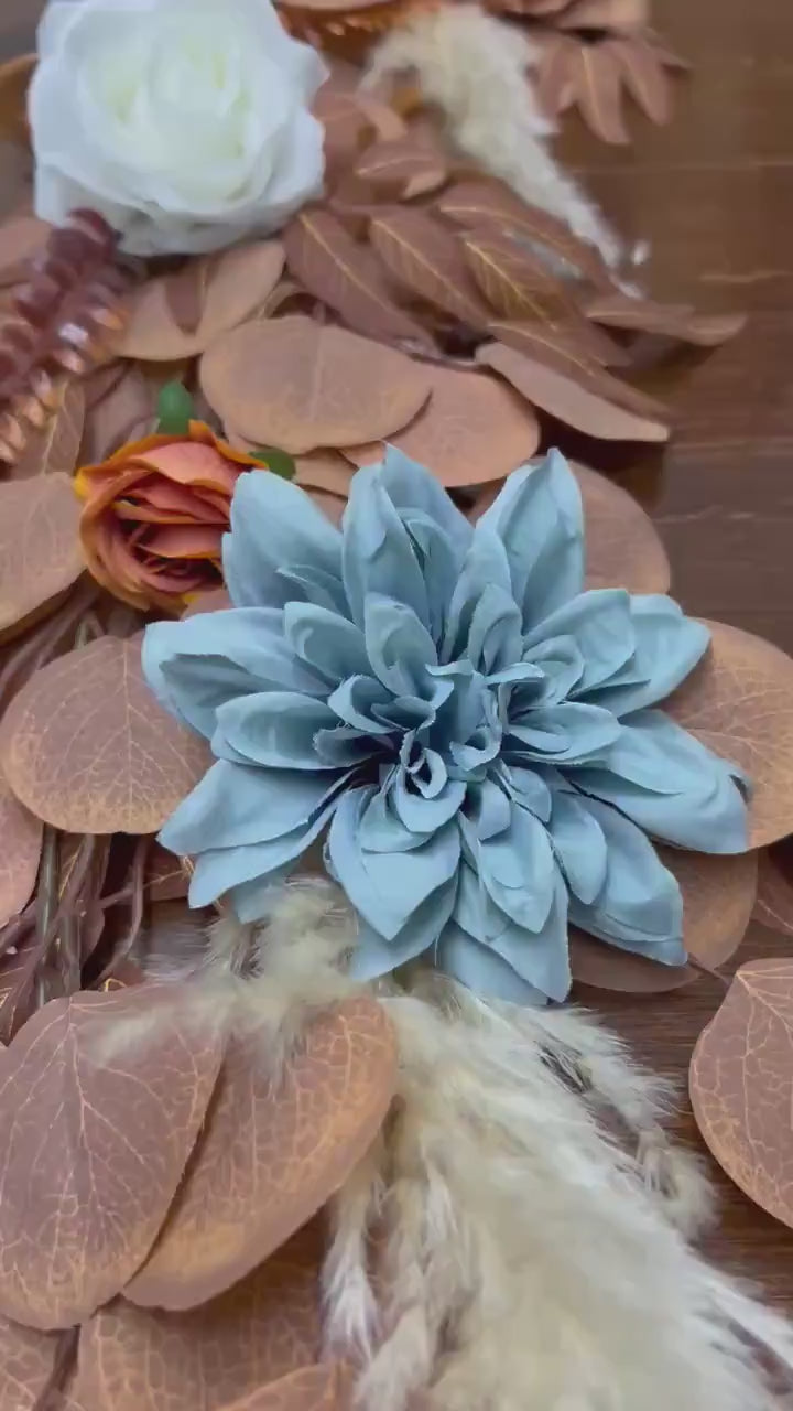 Orange Blue Garland, Wedding Boho Table Runner, Dusty Blue Terracotta Table Decor, Centerpiece Garland Pampas Grass White Burnt Orange 6 ft