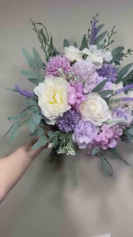 Wedding Lavender Bouquet Purple Bridal Violet Bouquet Plum Bridesmaids Lilac Dandelion Hydrangea Eucalyptus White Wild Flowers Artificial