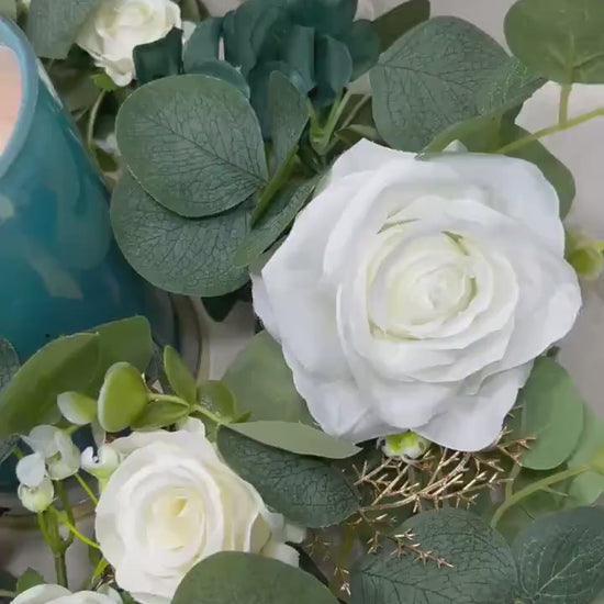 Wreath Centerpiece Wedding White Emerald Green Eucalyptus Candle Garland Wreath Lantern Ring Greenery Sage Green Ivory Gold Artificial