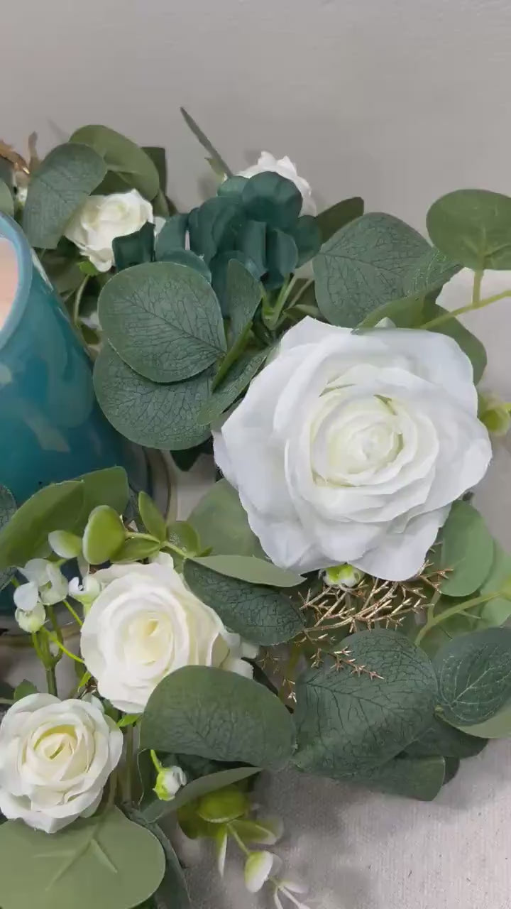 Wreath Centerpiece Wedding White Emerald Green Eucalyptus Candle Garland Wreath Lantern Ring Greenery Sage Green Ivory Gold Artificial