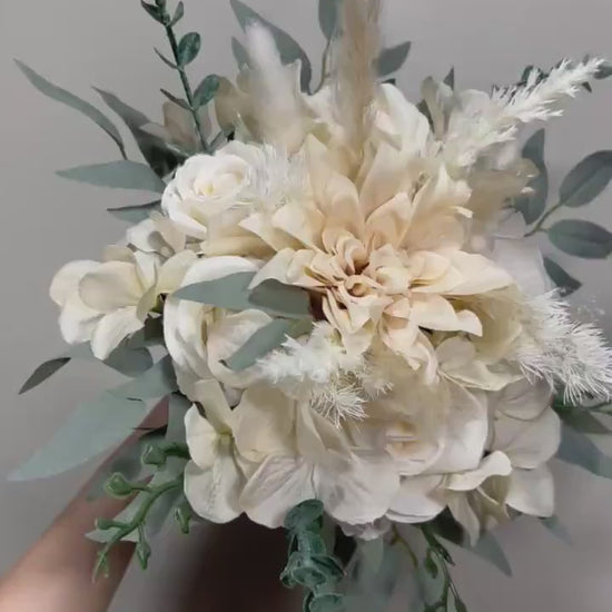 Wedding Bouquet Ivory Bridal Cream Bouquet Champagne Classic Sage Eucalyptus Greenery Bridesmaids Bouquet White Hydrangea Artificial Flowers