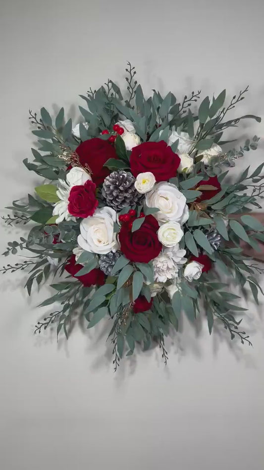 Wedding Centerpiece Christmas Red Table Flower Ball Decoration Burgundy Table Centerpiece Barrel White Whiskey Winter Ivory Greenery