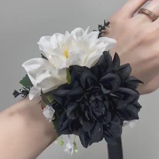 Wedding Black and White Corsage Groom Black Boutonnière Black White Corsage Mom Groomsmen Boutonnière Dahlia Artificial Flowers