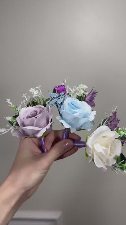 Wedding Boutonniere White Groom Wedding Groomsmen Lavender Boutonnière Purple Blue Rose Classic Boutonniere Dusty Blue Artificial Flowers