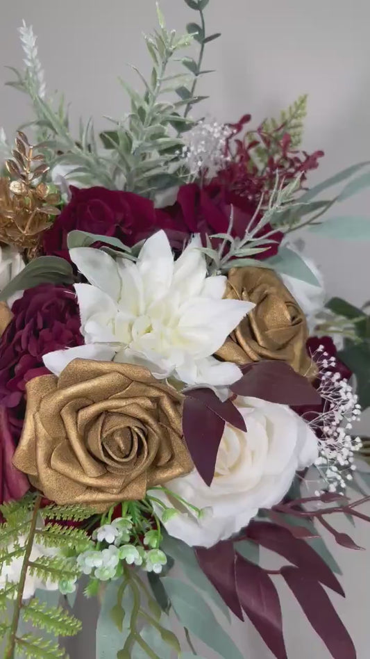 White Burgundy Bouquet Bridal Gold White Bouquet Christmas Bridesmaids Bouquet Winter White Gold Burgundy Eucalyptus Fern Artificial Flower