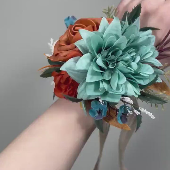 Teal Orange Corsage Wedding Turquoise Terracotta Cordage Bridesmaids Teal Blue Rust Corsage Aque Blue Burnt Orange Corsage Mom Artificial