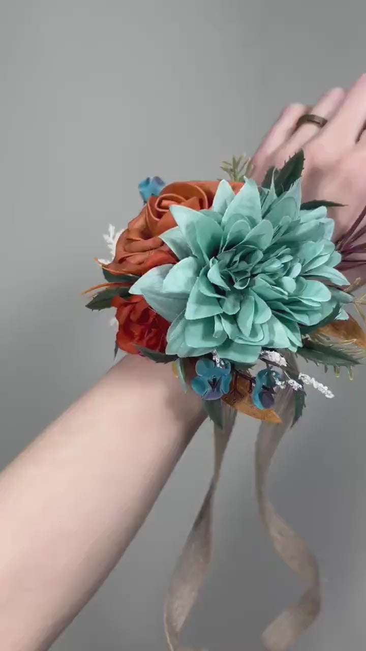Teal Orange Corsage Wedding Turquoise Terracotta Cordage Bridesmaids Teal Blue Rust Corsage Aque Blue Burnt Orange Corsage Mom Artificial