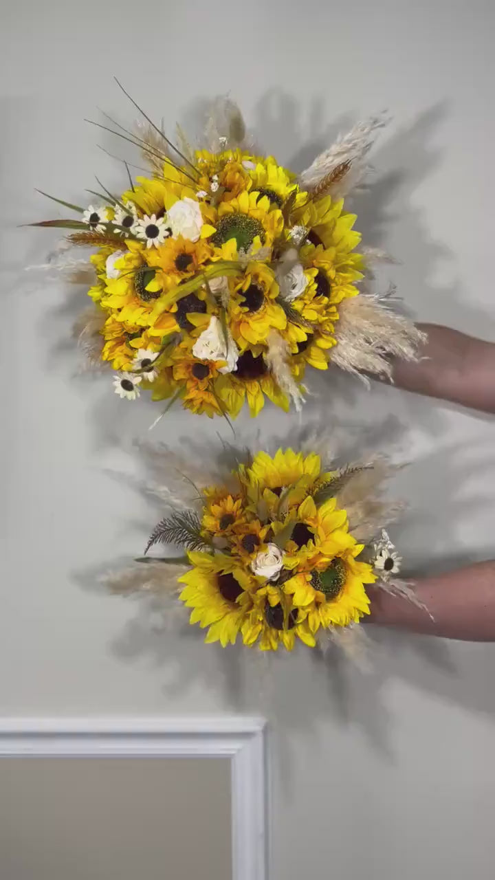 Sunflower Bouquet Wedding Boho Bridal Sunflower Wedding White Fall Decor Ivory Sunflower Bridesmaids Bouquet Pampas Grass Artificial Flowers