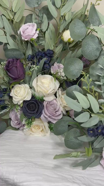 Set of 2 Wedding Aisle Marker Flower Floor Arrangement Barrel Décor White Purple Ground Arch Navy Blue Lilac Plum